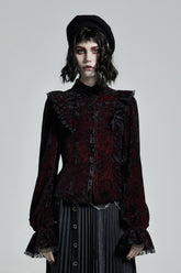 Black/Red Stand Collar Floral Embroidery Lace Women's Gothic Blouse